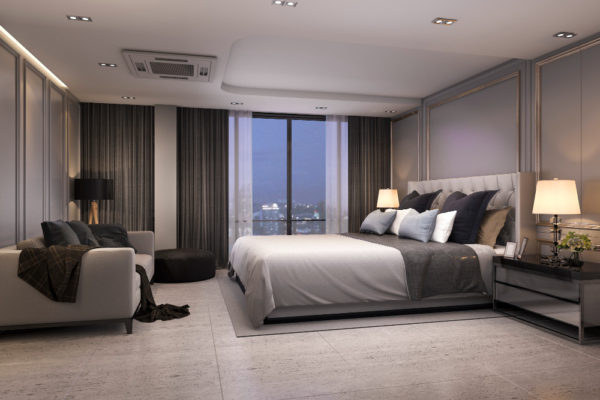 3d rendering modern luxury bedroom suite night with cozy design